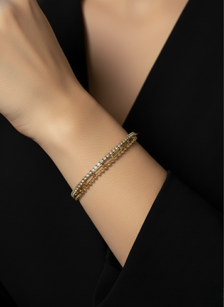 Dual-Chain Pave & Beaded Gold Bracelet | Bracelet | Jueria
