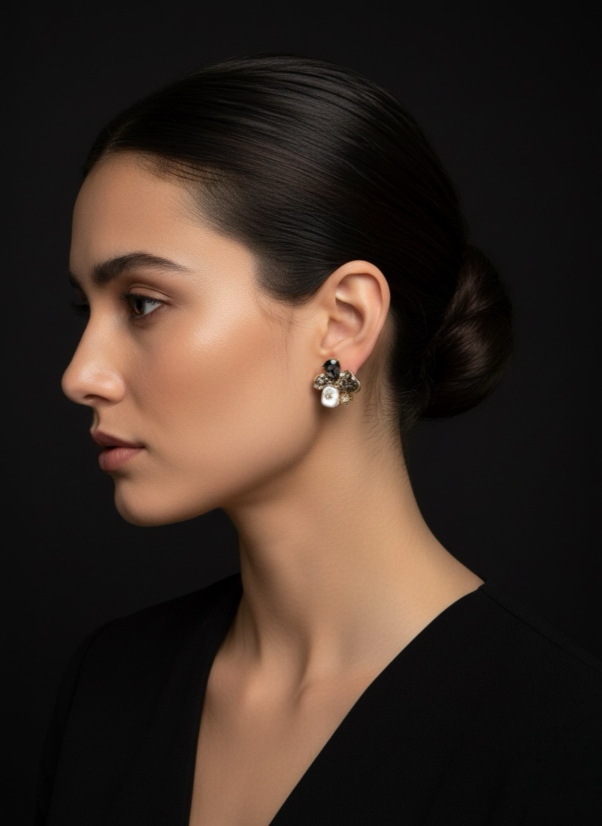 Midnight Bloom & Pearl Cluster Earrings | Earrings | Jueria