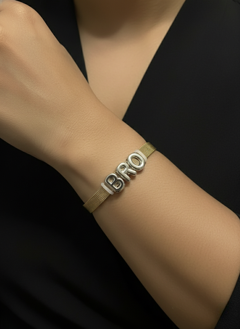 Golden Mesh 'BRO' Charm Bracelet | Jueria