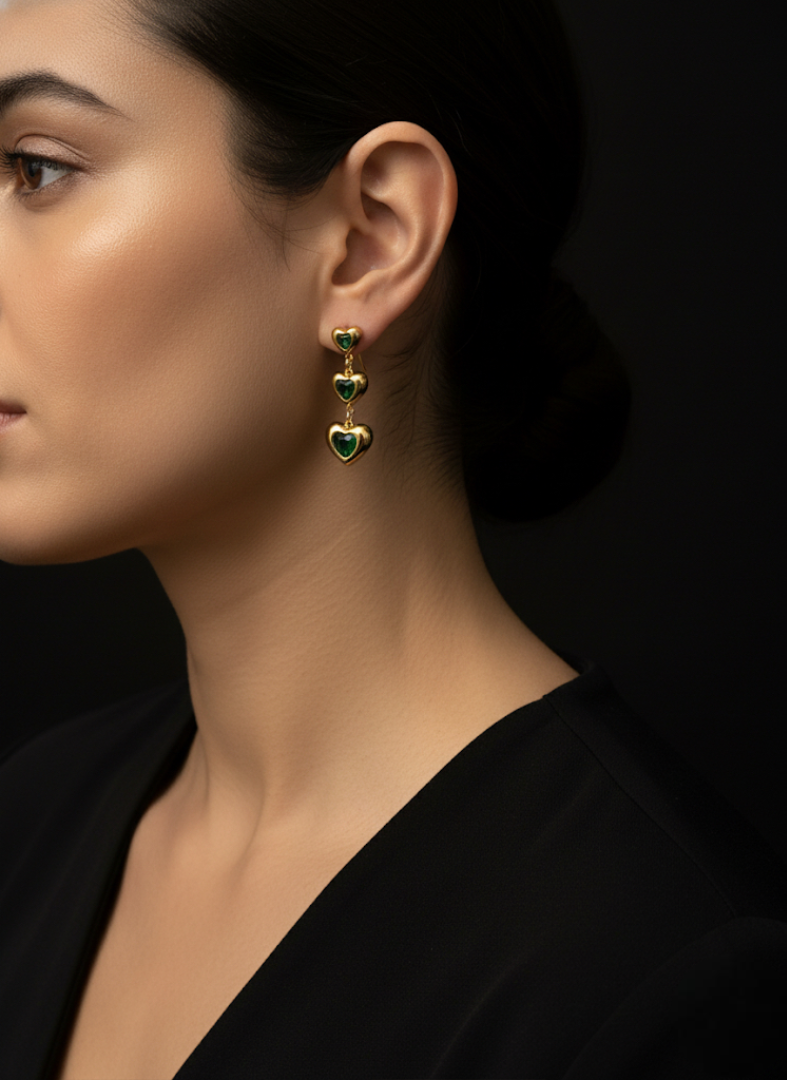 Emerald Cascade Heart Drop Earrings | Earrings | Jueria