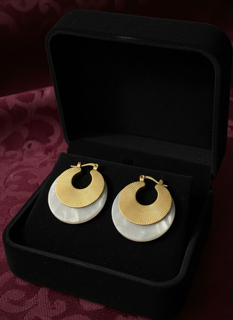Golden Halo & Pearlized Disc Hoop Earrings | Earrings | Jueria
