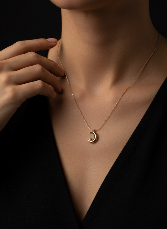 Golden Crescent Moon Pendant | Luxury To Any Outfit Perfect For Gen Z Trendsetters | Jueria