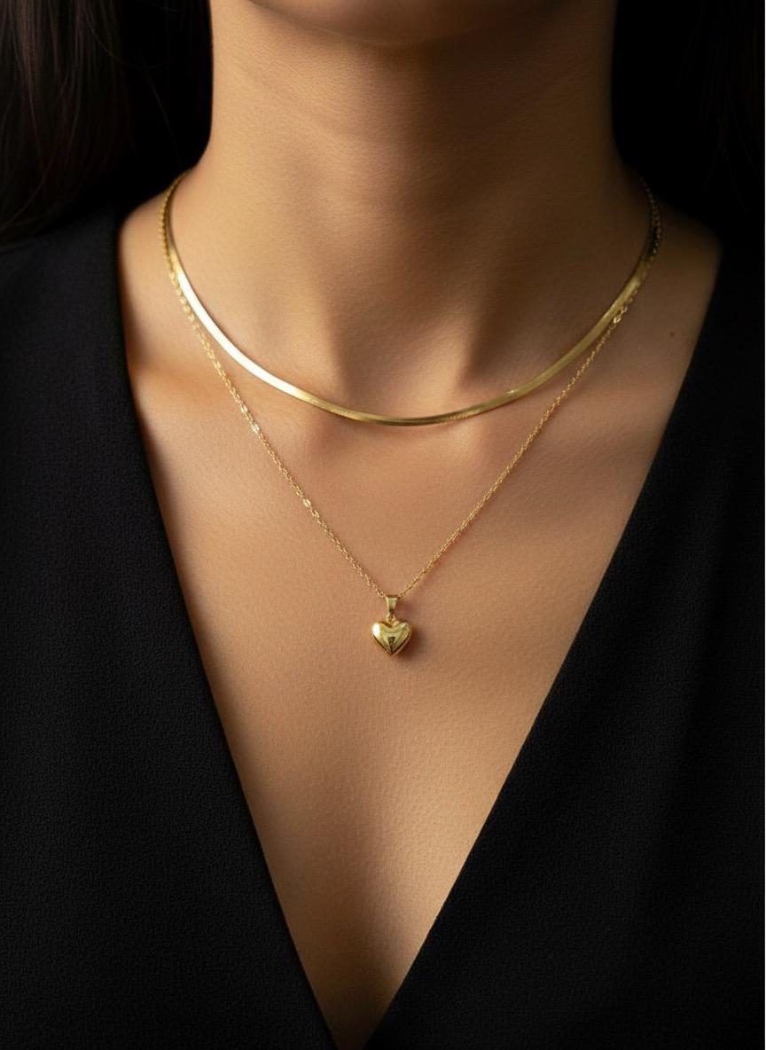 Golden Heart Layered Necklace | Double Chain & Polished Heart-Shaped Pendant | Jueria