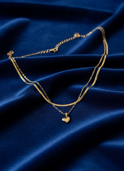 Golden Heart Layered Necklace | Double Chain & Polished Heart-Shaped Pendant | Jueria