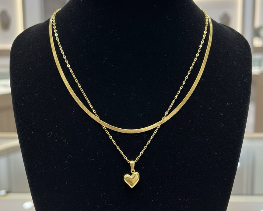 Golden Heart Layered Necklace | Double Chain & Polished Heart-Shaped Pendant | Jueria