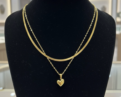 Golden Heart Layered Necklace | Double Chain & Polished Heart-Shaped Pendant | Jueria